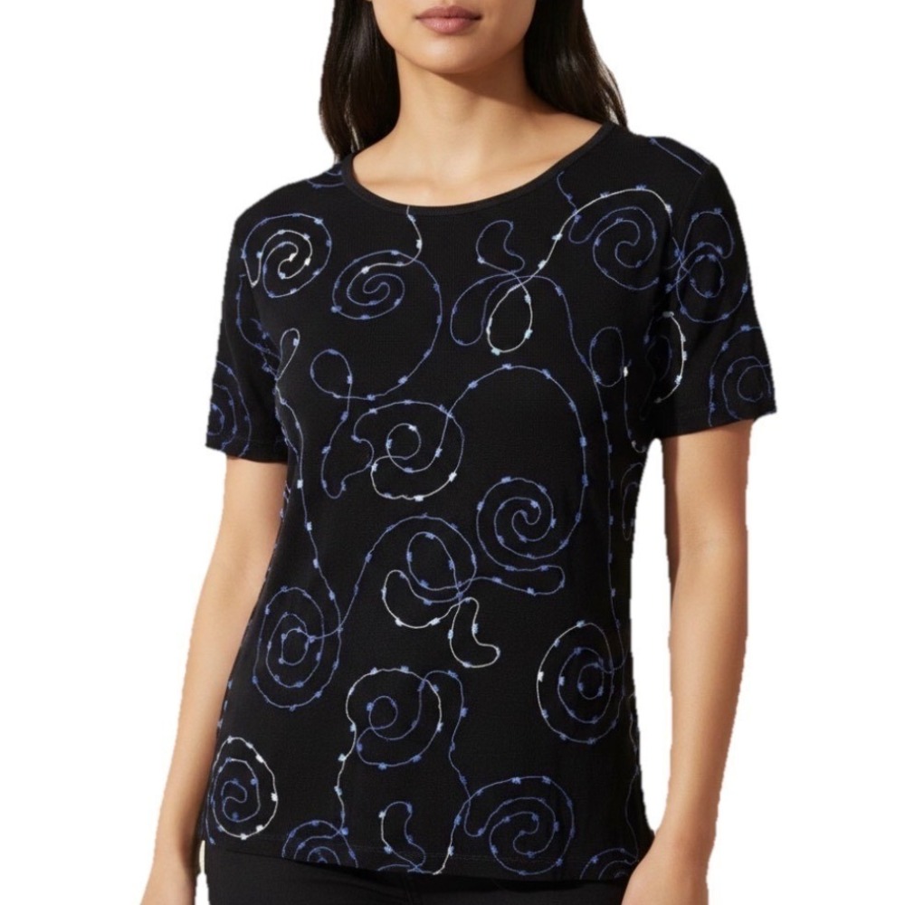 Choices Embroidered Top Women‎ PL Black Blue Short Sleeve Swirl Textured Blouse